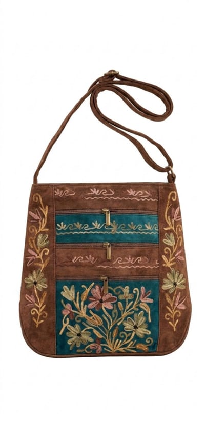 N3 Collecties Suede Geborduurde Handgemaakt Crossbody tas met Rits - Blauw/Bruin