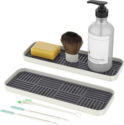 Afdruipmat, smal, spoelbakorganizer, smal, met 3 reinigingsborstels, afdruiprooster, klein, keukenbadkamerorganizer voor sponzen, zeep (donkergrijs, 30 x 10 x 3 cm, 2 stuks)