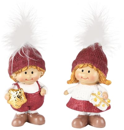 Dekoratief | Winterkindje staand m/ster, bordeaux/wit, resina, 4x3x7cm, set van 2 stuks | A255255