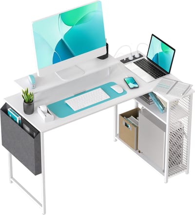 Gamingbureau met opbergrek, hoekbureau, USB-oplaadpoorten en stopcontacten, 120 cm lang L-vormig computerbureau, inclusief zijvakken en monitorbevestiging, geschikt voor woonkamers, kantoren, slaapkamers, kinderkamers en studeerkamers