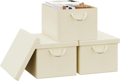 Famanu – Opvouwbare opbergdozen - set van 3 stoffen manden - opbergkubussen met deksel en handgrepen - voor kleding - boeken en - crème - 43 x 26 x 33 cm