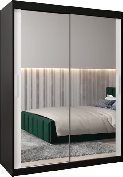 InspireMe - Kledingkast met 2 schuifdeuren, Modern-stijl, Kledingkast met planken (BxHxD): 150x200x62 - TORM III 150 Zwart Mat + Wit Mat