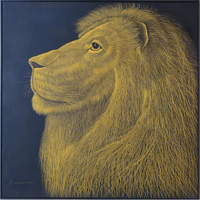 Fine Asianliving Olieverf Schilderij 100% Handgegraveerd 3D met Reliëf Effect en Zwarte Omlijsting 100x100cm Leeuw