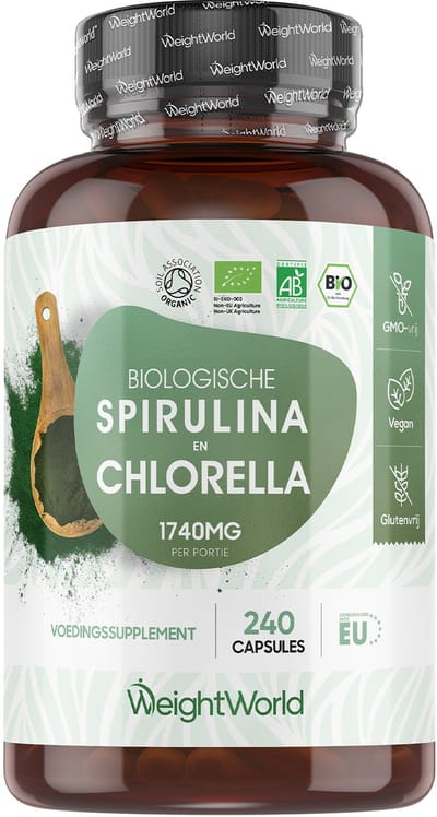 WeightWorld Biologische Spirulina en Chlorella capsules - 1740 mg - 100% puur poeder afkomstig uit algen - 240 capsules voor 2,5 maand voorraad