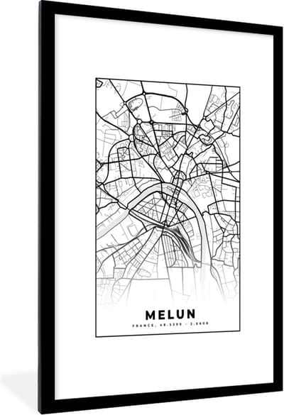 Fotolijst incl. Poster Zwart Wit- Frankrijk - Stadskaart - Plattegrond - Kaart - Melun - Zwart wit - 80x120 cm - Posterlijst