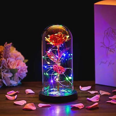 Roos in Glazen Koepel met LED Verlichting – Eeuwige Kristal Roos als Romantisch Cadeau voor Herinneringen