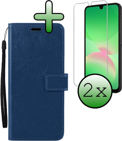 Hoesje Met 2x Screenprotector - Geschikt voor Samsung Galaxy A26 - Luxe Pasjeshouder - Bookcase Portemonee - Flip Case - Kunstleer Book Case - Flipcase Hoes - Book Cover - Walletcase - Portemonneehoes - Donkerblauw