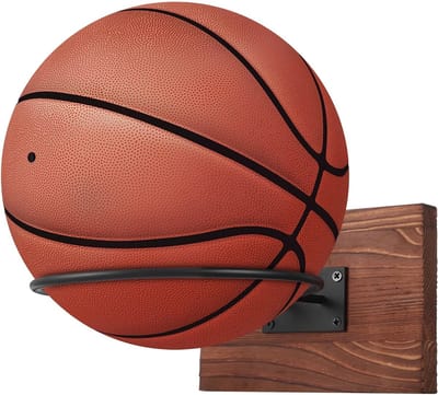 Muurbeugel voor Sportballen, Wandhouder voor Voetbal, Basketbal en Volleybal, Ideaal voor Ballenopslag en Presentatie, Bruin Hout en Staal