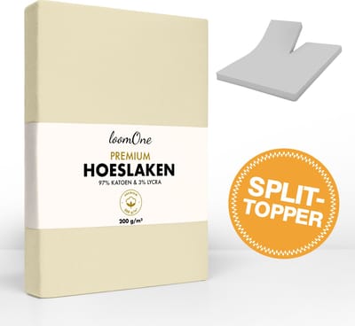 Loom One Premium Splittopper Hoeslaken – 97% Jersey Katoen / 3% Lycra – 180x200 cm – tot 12cm matrasdikte– 200 g/m² – Natural / Crème