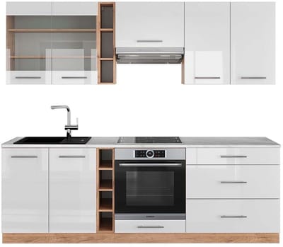 Vicco Fame-Line Complete keukeneenheid – 235 cm, WB Marmer Wit hoogglans/goud power eiken
