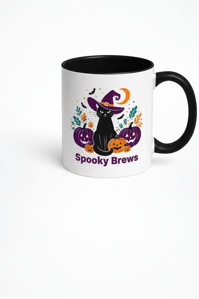 Halloween Mok - Spooky Brews Zwarte Kat met Heksenhoed Koffiemok