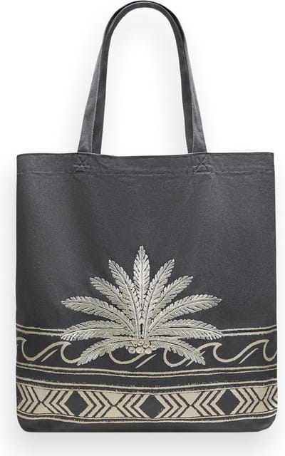 SCOTCH & SODA Schoudertas Canvas Tote Bag with Embroidery Palm Wave Border Zwart