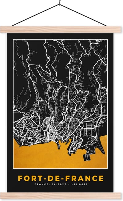 Posterhanger incl. Poster 40x60 cm - Schoolplaat - Kaart – Stadskaart – Fort-de-France - Plattegrond – Frankrijk - Textielposter - Blanke latten - Stadskaart