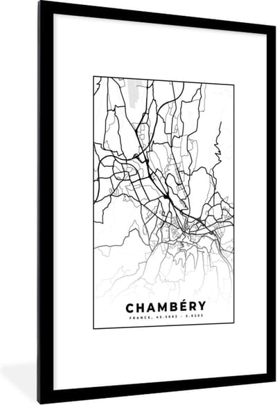 Fotolijst incl. Poster Zwart Wit- Kaart - Stadskaart - Frankrijk - Chambéry - Plattegrond - Zwart wit - 80x120 cm - Posterlijst
