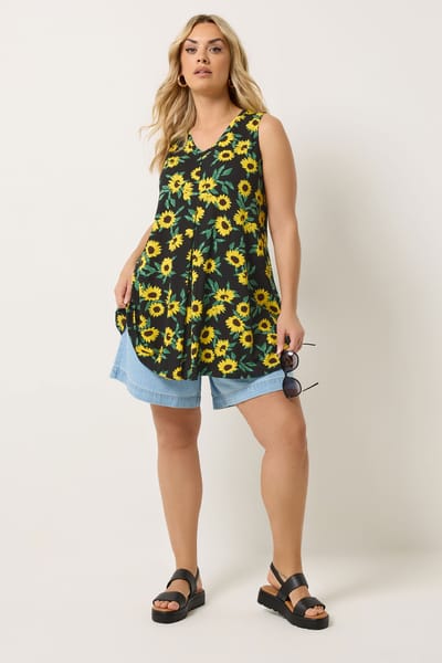 Yours Zwarte Topje Met Zonnebloemprint En Geplooide Voorkant Size 42