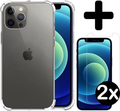 Hoesje - Met Screenprotector - 2 Stuks - Geschikt voor Apple iPhone 12 Pro - Sterk & Shockproof - Siliconen Case - Back Cover - Telefoon Hoes - Shock Proof - Telefoonhoesjes - Transparant