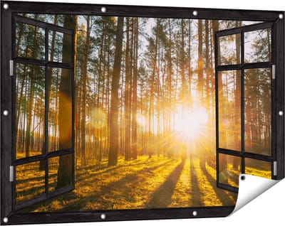 Gards Tuinposter Doorkijk Zonsopkomst in het Bos tussen de Bomen - 120x80 cm - Tuindoek - Tuindecoratie - Wanddecoratie buiten - Tuinschilderij