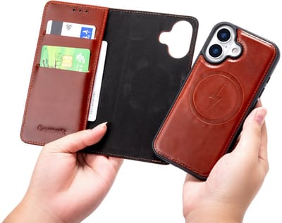 CaseMania Bookcase hoesje geschikt voor iPhone 17 - Effen Cognac - Leer - 2-in-1 Magnetisch Uitneembaar Design - Compatible met MagSafe