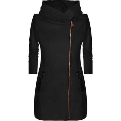 Herfst Winter Mode Dames Jas Effen Kleur Rits Lange Mouw Capuchon Jas Jas Bovenkleding Lange Sectie Damesjas L zwart
