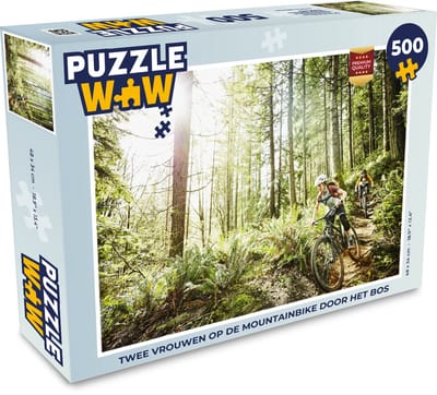 Puzzel Twee vrouwen op de mountainbike door het bos - Legpuzzel - Puzzel 500 stukjes