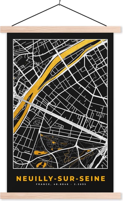 Posterhanger incl. Poster 40x60 cm - Schoolplaat - Frankrijk - Neuilly-sur-Seine - Stadskaart - Plattegrond - Kaart - Textielposter - Blanke latten - Stadskaart
