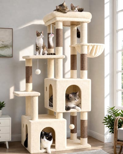 kattenboom beige grote stabiel met 72 * 45cm Grote basis 2 luxe kattenhuis platform gevoerde Mand, Krabpaal Anti-val hoog 156 cm voor grote katten Rust Spelen Krassen Binnen (F61, Beige)
