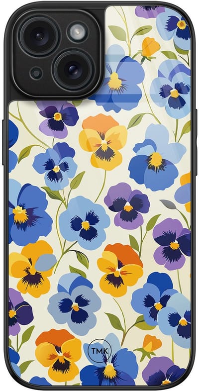 Hoesje geschikt voor Apple iPhone 15 - Viooltjesmix bloemen - Multi - TPU luxe case (glossy toplaag) - Bloemen - Hardcase backcover zwart