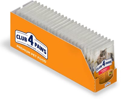 CLUB 4 PAWS Premium volwassen kat natvoer voor haarbalcontrole - 24x 80g
