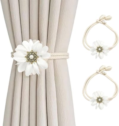 VHV - Gordijnclips - Gordijnophouders - Gordijn accessoires - Set van 2 - 3D bloemen - Verstelbaar - Decoratief - Voor woonkamer en slaapkamer - Crèmewit