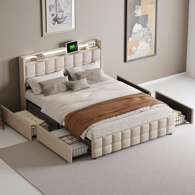 Tweepersoonsbed 180x200cm met LED-verlichting, USB-poorten, 4 opberglades, gestoffeerd linnen hoofdbord, modern en populair, voor jongeren/volwassenen, linnen stof, beige