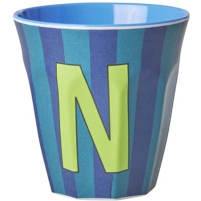 Rice melamine beker medium gestreept letter n, blauw