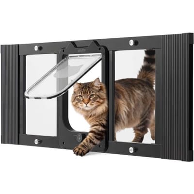 VEVOR Kattenluik/Kattendeur, Verstelbaar voor Raambreedtes (787-914 Mm), Weerbestendig Huisdierluik Met 4 Veilige Vergrendelingsstanden, Aluminium Frame, Helder Glas en Magnetische Sluiting, Zwart