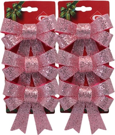 Gerimport kerstornamenten strikken - 6x st- roze - 6x13 cm - kerstboomstrikjes