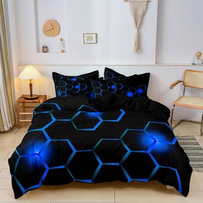 3-delige Geometrische 3D Zeshoekige Honingraat Patroon Dekbedovertrek Set Digitale Print Kleurrijk Polyester Beddengoed met Ritssluiting 150*200cm 3pcs