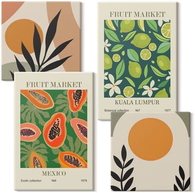 Wallfluent Set van canvas schilderijen - Boho fruitpatronen papaja limoen Canvas Schilderijen Set - Set van 4 Canvas Schilderijen - Groente Set van Canvas Prints - Natuur Canvas Kunst Set - Boheemse Canvas Kunst Set