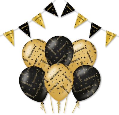 Q2P - Gefeliciteerd - Slingers - Ballonnen - Zwart & Goud Set - Verjaardag Versiering - Helium Ballon