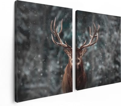 Artaza Canvas Schilderij Tweeluik Hertenkop - Hert In De Sneeuw  - 120x80 - Foto Op Canvas - Canvas Print