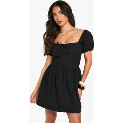 boohoo Dames Mini-jurk van katoenen popeline met pofmouwen in petite pasvorm | Zwart | Maat: 36