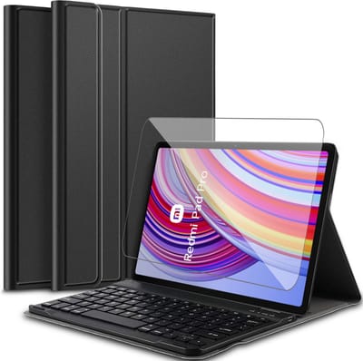 Hoes met toetsenbord geschikt voor Xiaomi Redmi Pad Pro - Screen Protector GlassGuard - Keyboard Book Case Cover Hoesje Zwart & Screenprotector
