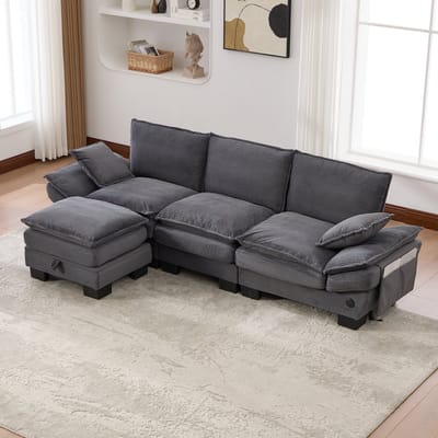 MODENUIT Sofa - Modulaire 3-Zits Met Hocker - USB-C En Zijvakken - Voor Woonkamer En Kantoor - Cord Donkergrijs