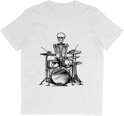 T Shirt met Grappige Skelet Drummer Print - Wit - Maat S