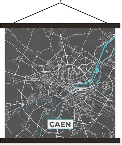 Posterhanger incl. Poster 60x60 cm - Schoolplaat - Caen - Frankrijk - Plattegrond - Kaart - Stadskaart - Textielposter - Zwarte latten - Stadskaart