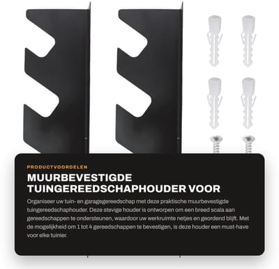 Dailygoods- Tuingereedschaphouder voor 1-4 gereedschappen - Wandgemonteerd - Stevige ijzeren haak - Eenvoudige installatie - Geschikt voor diverse muren - Perfect voor garage en schuur - Gereedschapshouder