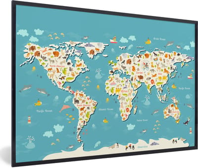 Poster in lijst voor kinderen - Kinderkamer wanddecoratie - Schilderij kids - Wereldkaart - Kinderen - Dieren - Kind - Jongens - Meiden - 120x80 cm