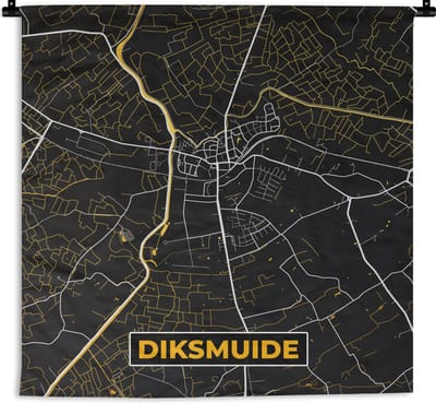 Wandkleed - Wanddoek - Stadskaart - Black en gold - Diksmuide - Plattegrond - Kaart - 180x180 cm - Wandtapijt