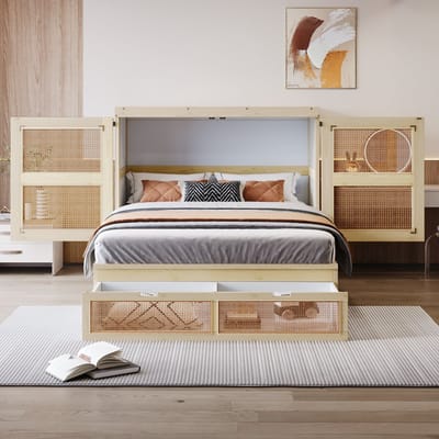 DESMIU Opklapbed 140x200 cm – Verticale Kastbed Met Rotanlook – Met Lattenbodem En Opberglades – Voor Jeugdkamer – Houtkleur – Zonder Matras
