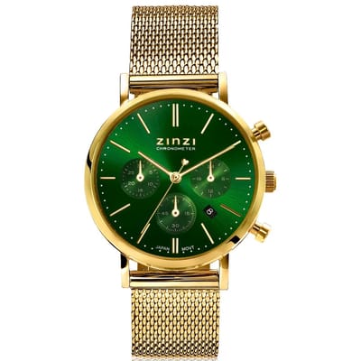 ZINZI horloge CHRONOGRAPH 34mm groene wijzerplaat met datum en chronometers, geelgoudkleurige stalen kast, geelgoudkleurige stalen mesh band 18mm ZIW1535