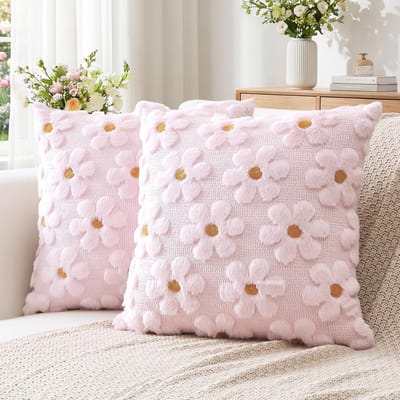 Kussenhoezen Set - Decoratieve Kussens - Bank Aankleden - Getuft Bloemenpatroon - 45 x 45 cm - Roze