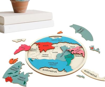 Houten Wereldkaart Puzzel - Educatieve Legpuzzel - Geografie Leren - Natuurlijk Hout Materiaal - 31 x 31 cm - Kleurrijk