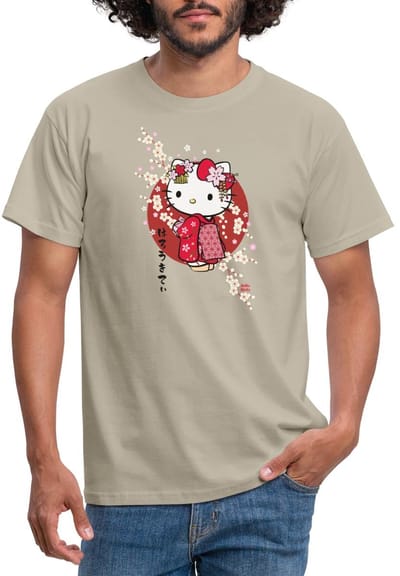 Hello Kitty In Een Rode Kimono En Kersenbloesems T-Shirt Heren